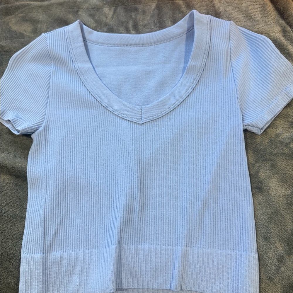 Women's Light Blue Ribbed V-Neck Top